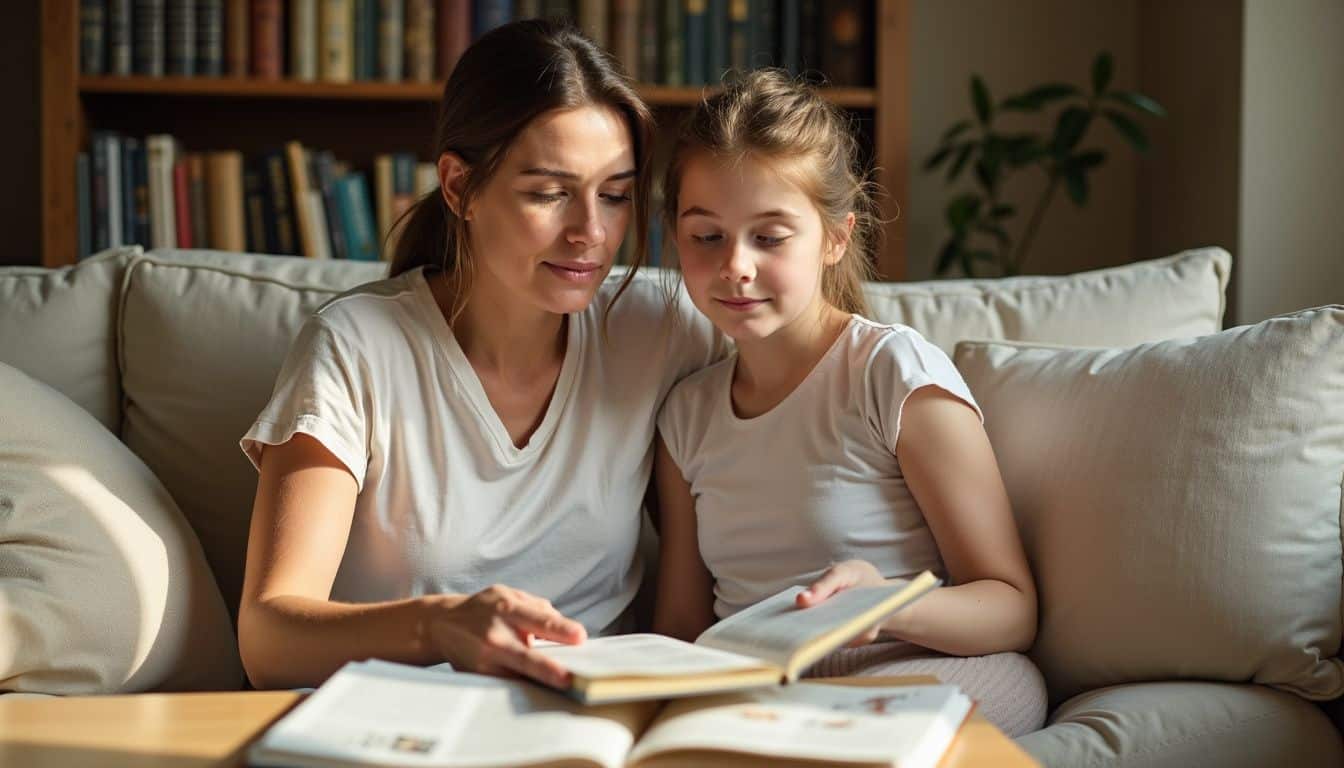 A mother and daughter sit closely on a sofa, reading sex education books together in a warmly lit living room. A mother and daughter sit closely on a sofa, reading sex education books together in a warmly lit living room.