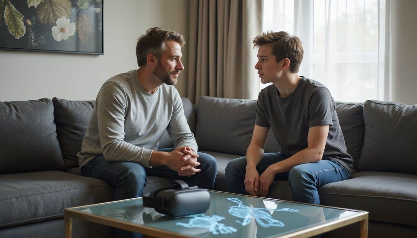 A parent and their teenage child have an open, thoughtful conversation about teen sexuality in a modern living room. A parent and their teenage child have an open, thoughtful conversation about teen sexuality in a modern living room.