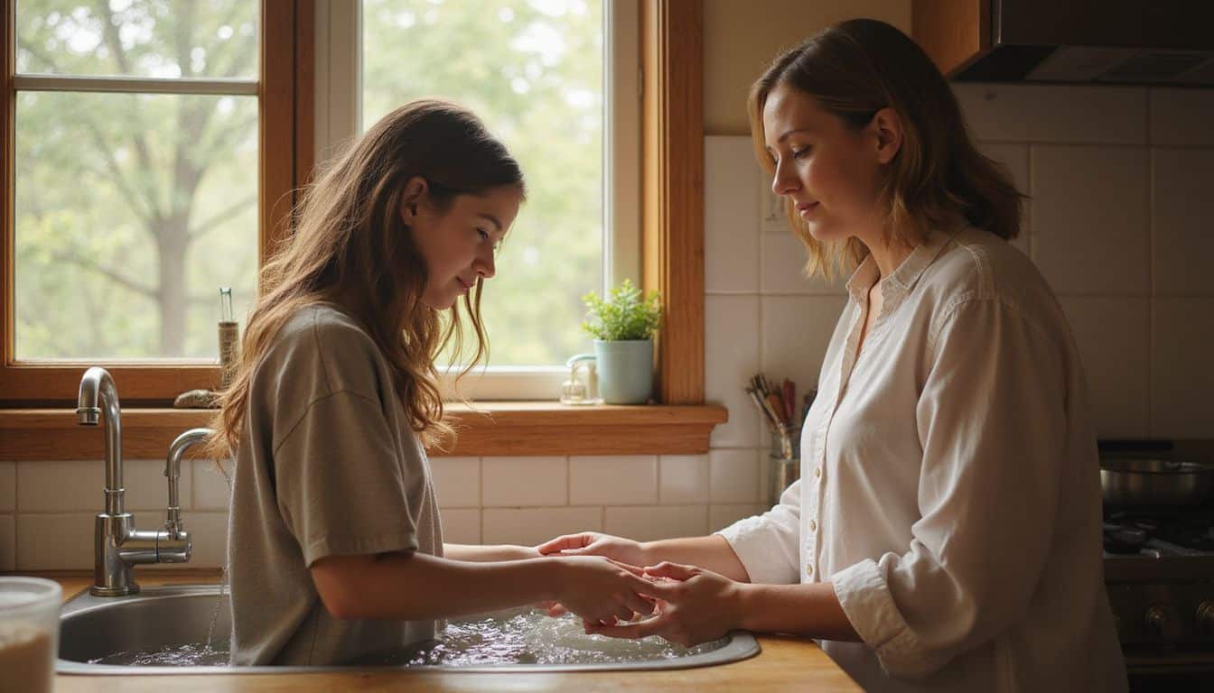 A teenage girl and her mother engage in a thoughtful conversation while washing dishes together. A teenage girl and her mother engage in a thoughtful conversation while washing dishes together.