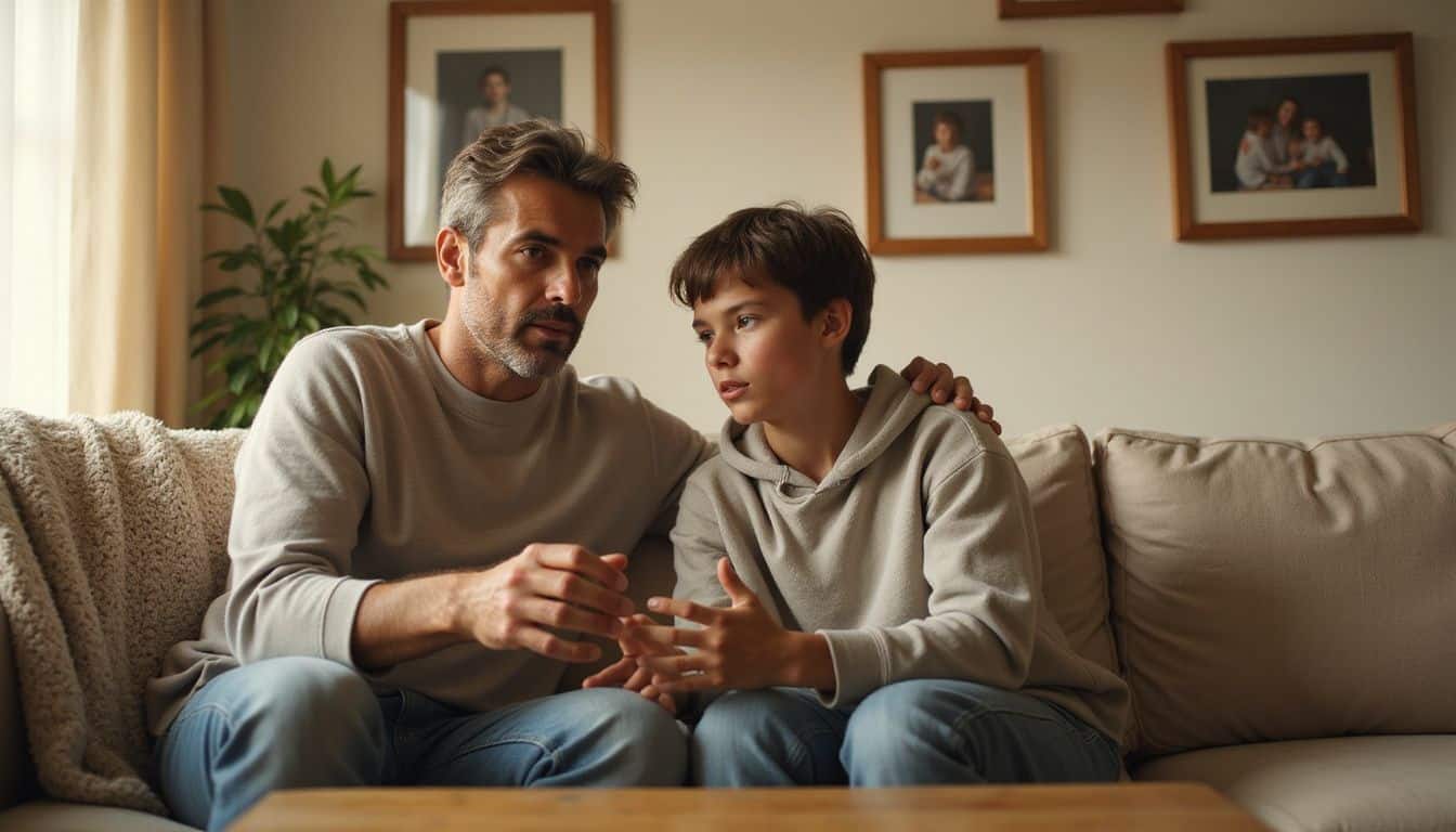 A parent and teenager have an intimate conversation on a cozy living room couch. A parent and teenager have an intimate conversation on a cozy living room couch.