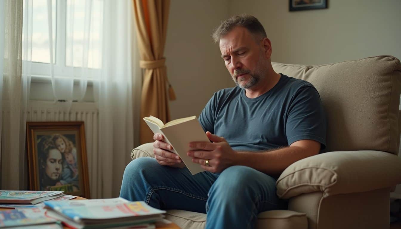 A middle-aged man sits in a modest living room, reading a book about talking to teens about sex. A middle-aged man sits in a modest living room, reading a book about talking to teens about sex.