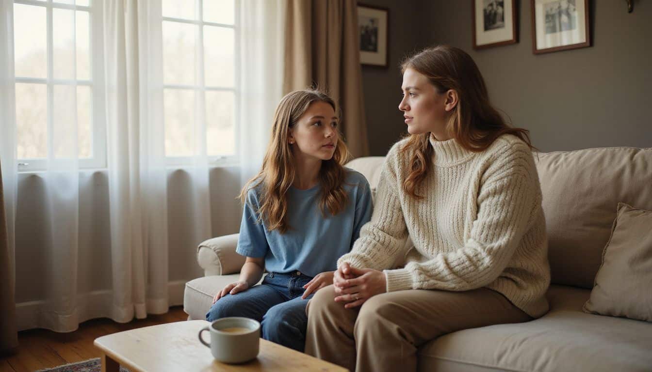 A teenage girl and her mother have a heartfelt conversation on a cozy sofa. A teenage girl and her mother have a heartfelt conversation on a cozy sofa.