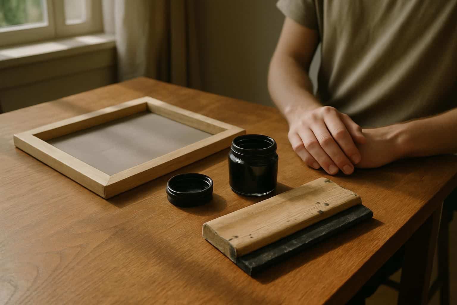 A sunlit, well-organized home workspace with screen printing tools on a wooden table. A sunlit, well-organized home workspace with screen printing tools on a wooden table.