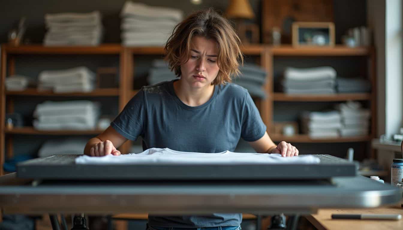 A frustrated person stands in front of a heat press machine, inspecting a misaligned shirt. A frustrated person stands in front of a heat press machine, inspecting a misaligned shirt.