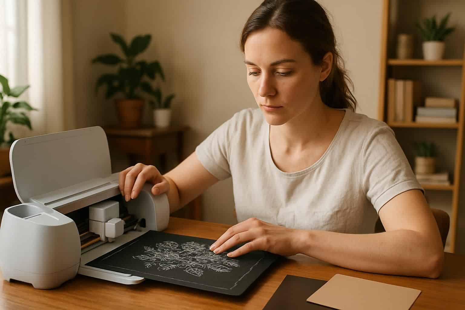 A woman in her late 20s is focused on using a cutting machine in her home office. A woman in her late 20s is focused on using a cutting machine in her home office.