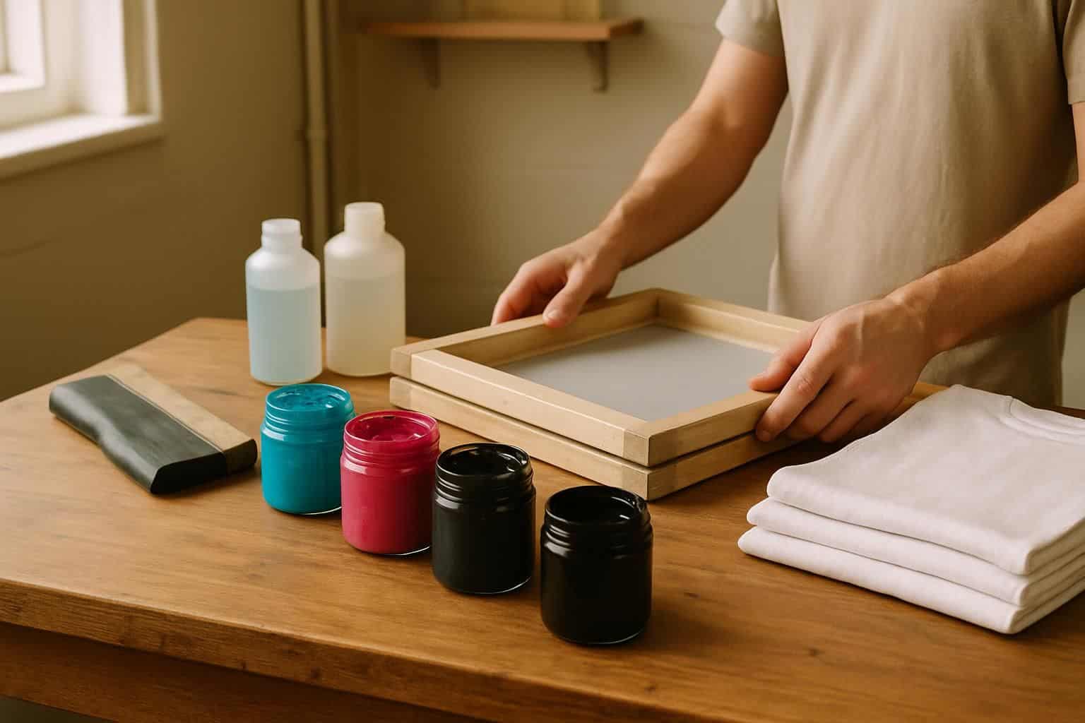 A well-organized screen printing workstation with tools, inks, and fabric for DIY textile printing. A well-organized screen printing workstation with tools, inks, and fabric for DIY textile printing.