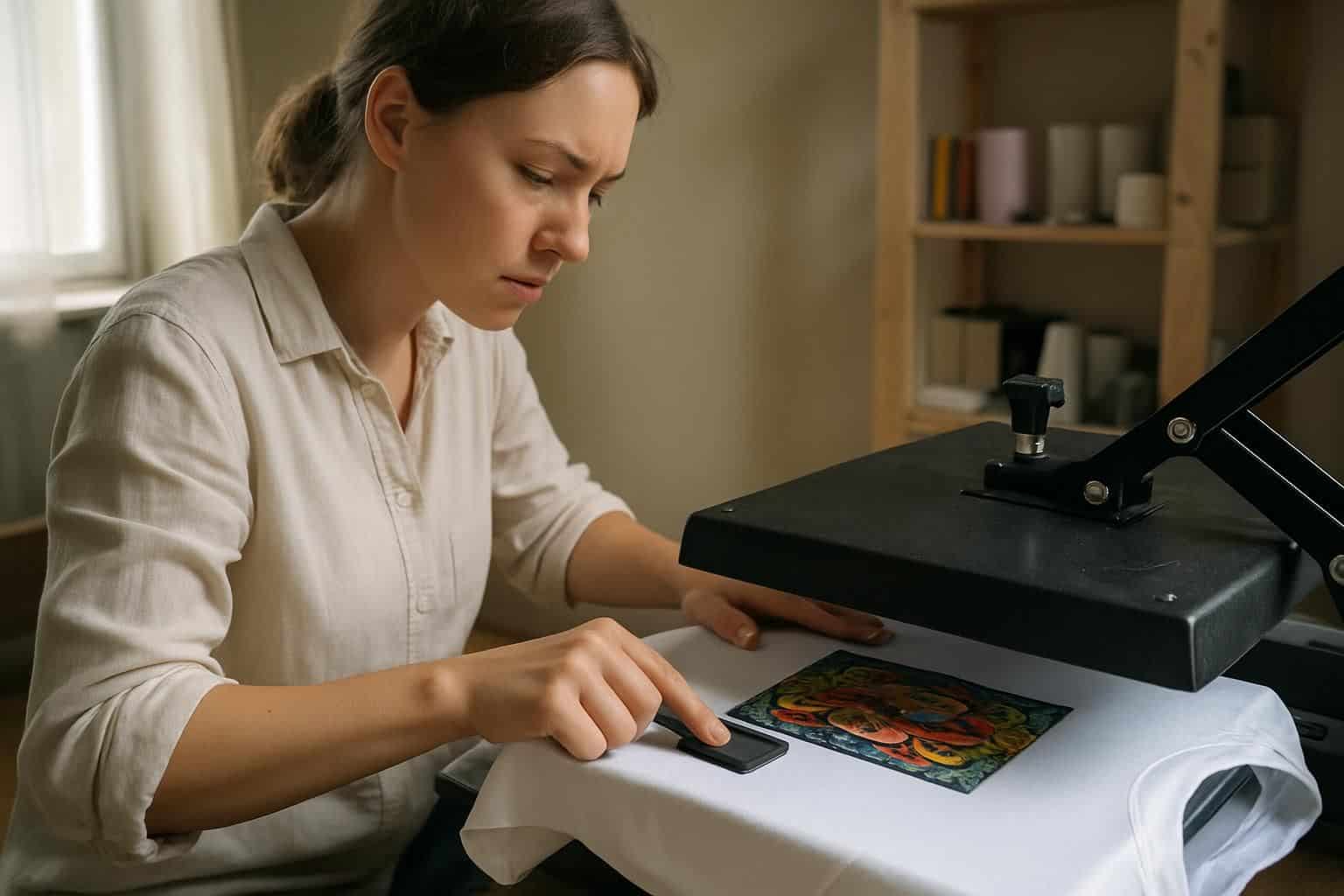 A woman carefully presses a colorful design onto a white t-shirt in a simple home studio. A woman carefully presses a colorful design onto a white t-shirt in a simple home studio.