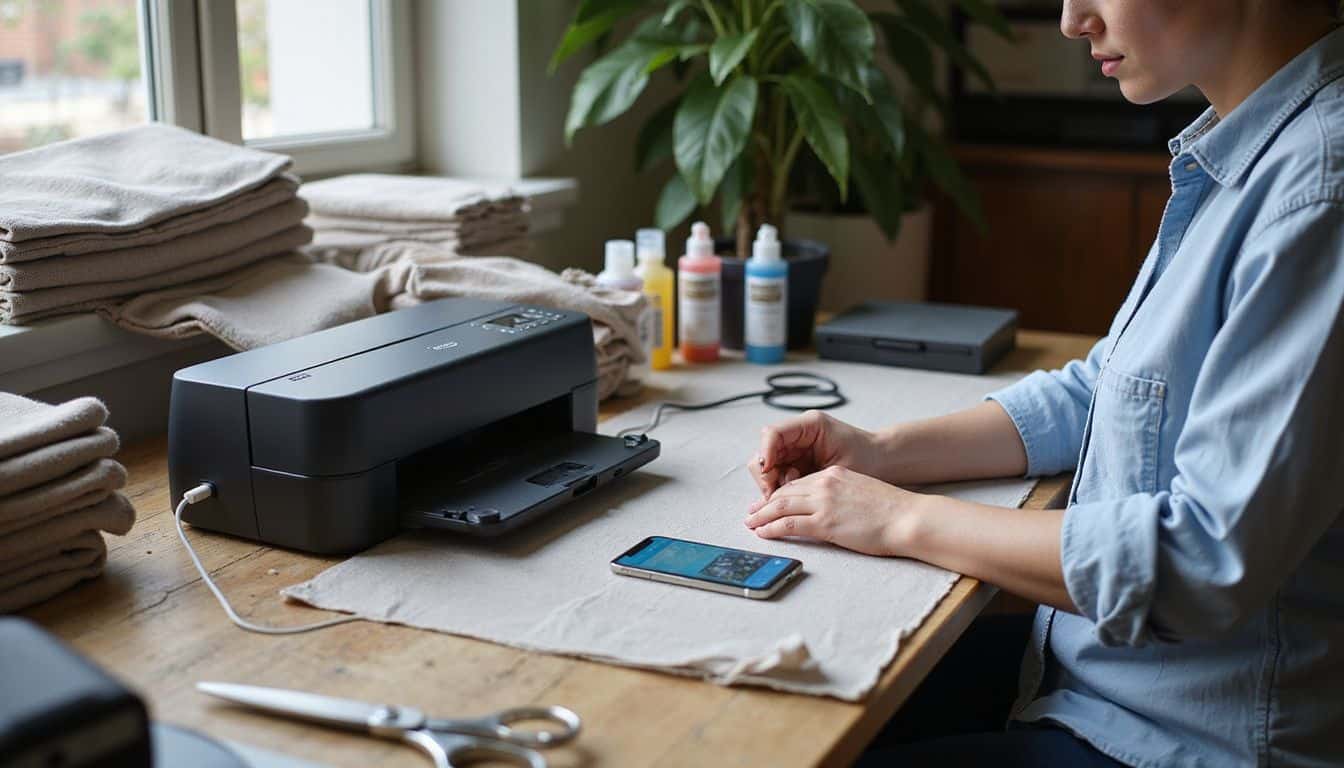 A cluttered home studio with a DTG printer, cutting machine, fabric, and tools, being used by a person. A cluttered home studio with a DTG printer, cutting machine, fabric, and tools, being used by a person.