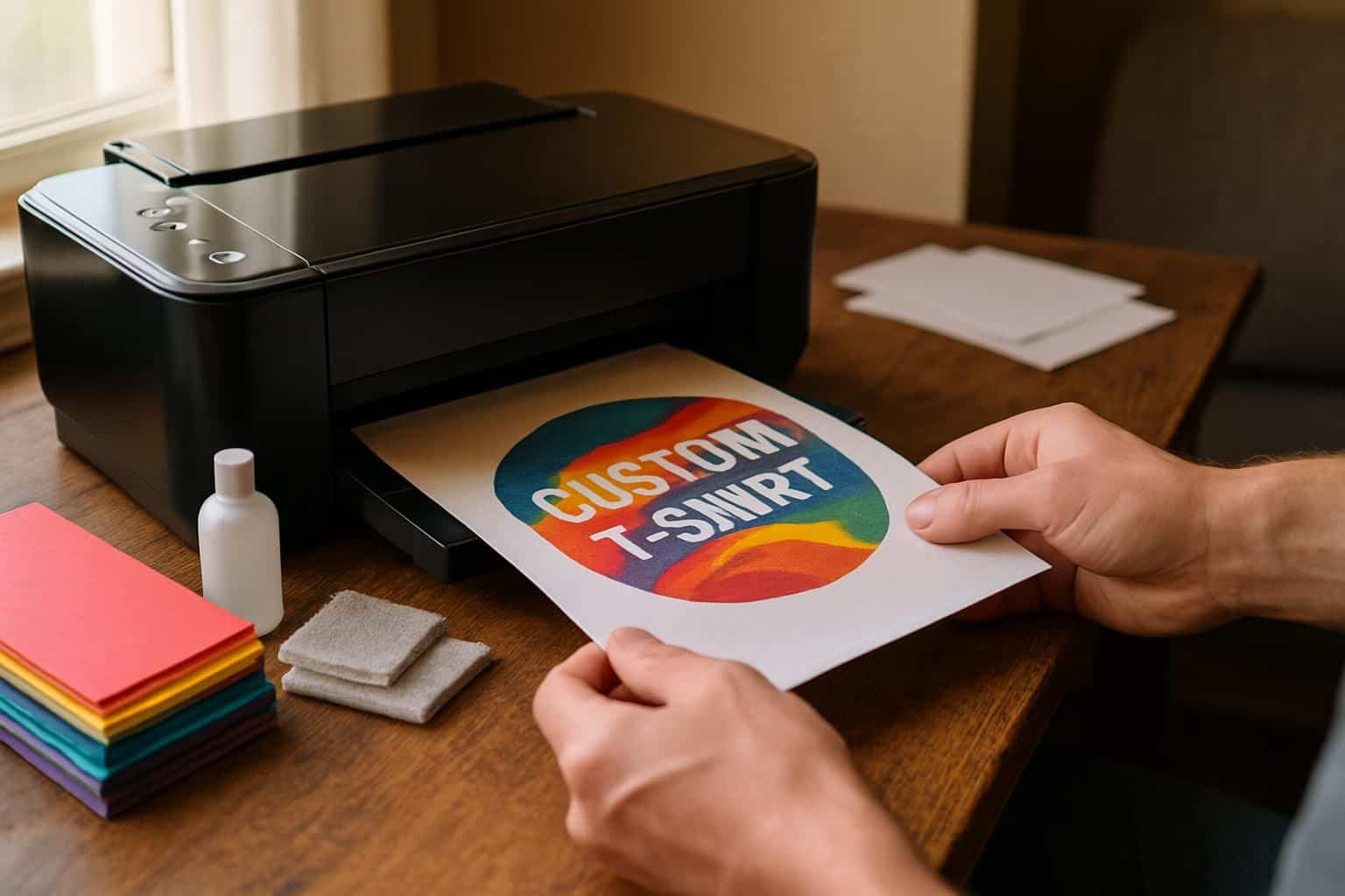 A sleek inkjet printer is printing a custom t-shirt design in a cozy home office. A sleek inkjet printer is printing a custom t-shirt design in a cozy home office.