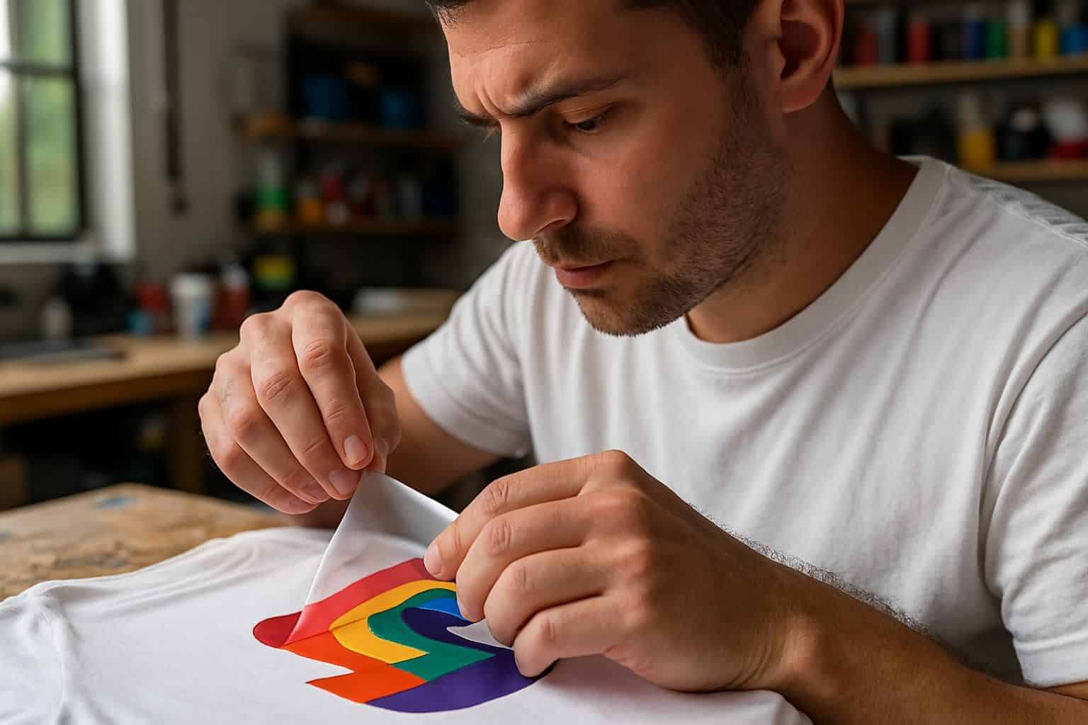 A man peels a vibrant vinyl design from a white t-shirt in a well-equipped DIY workshop. A man peels a vibrant vinyl design from a white t-shirt in a well-equipped DIY workshop.
