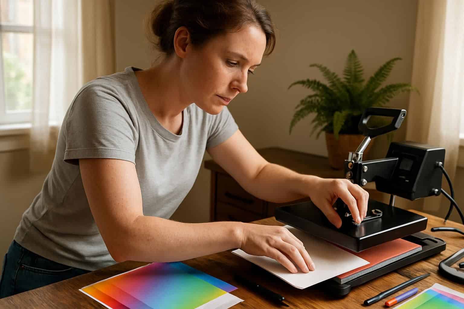 A woman setting up a sublimation printing machine in a cozy craft room. A woman setting up a sublimation printing machine in a cozy craft room.