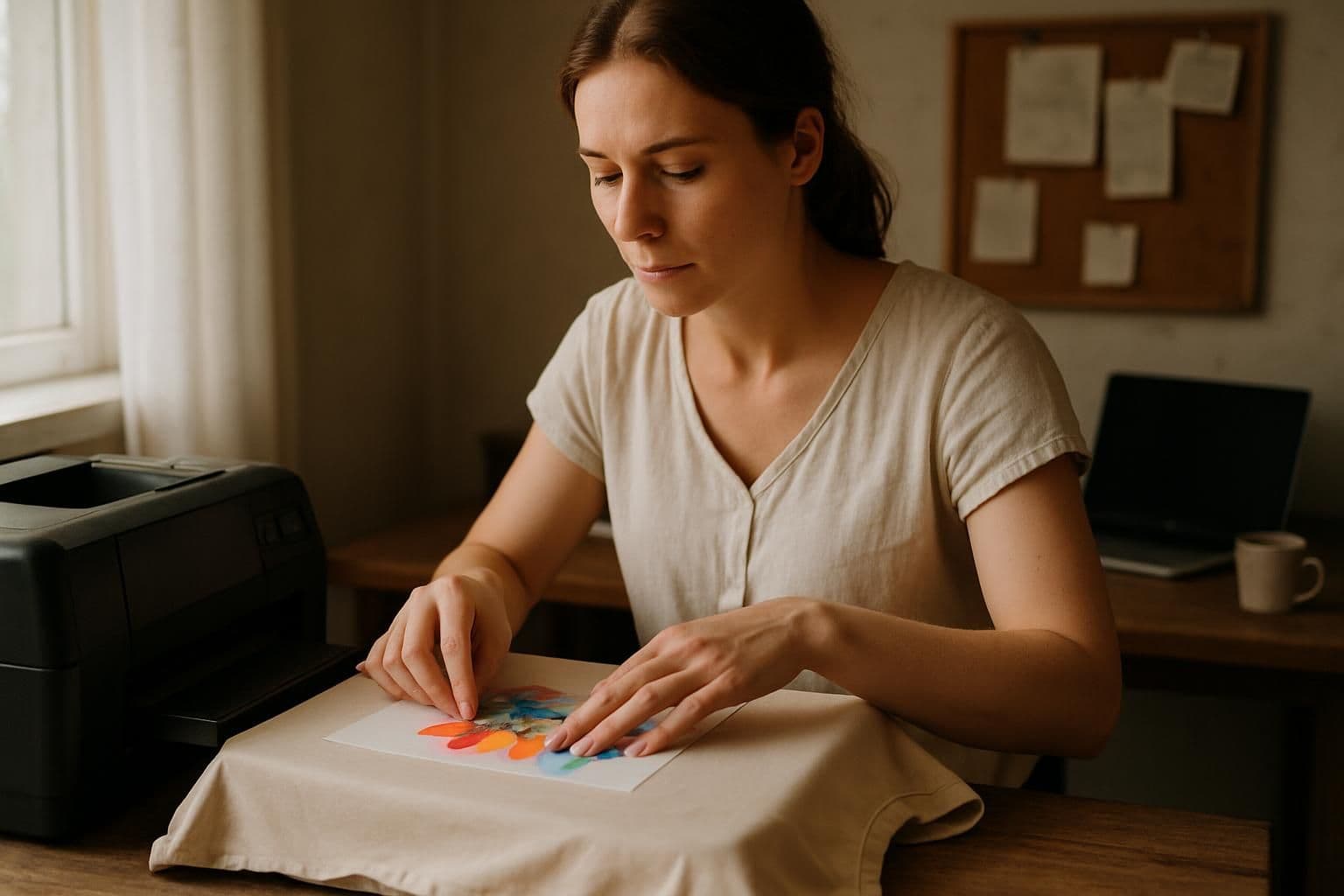 A woman is using a heat press to transfer a colorful design onto a shirt in her cozy home office. A woman is using a heat press to transfer a colorful design onto a shirt in her cozy home office.