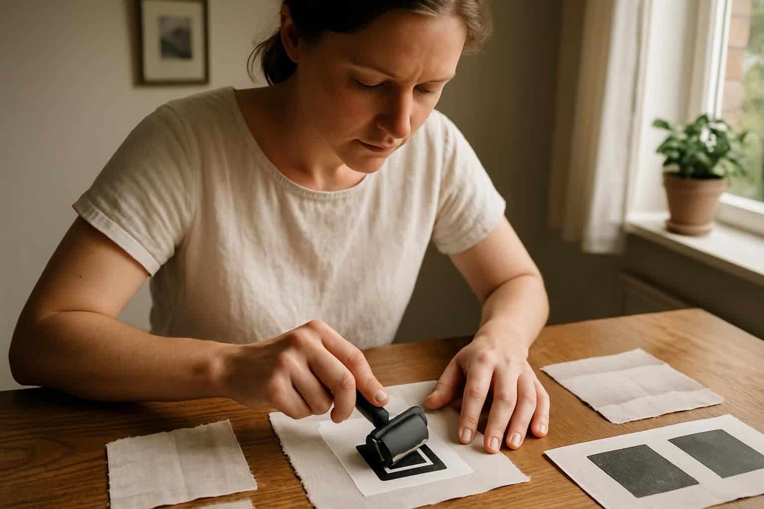 A woman in her 30s creates DIY shirt designs using fabric swatches and a small rubber roller. A woman in her 30s creates DIY shirt designs using fabric swatches and a small rubber roller.