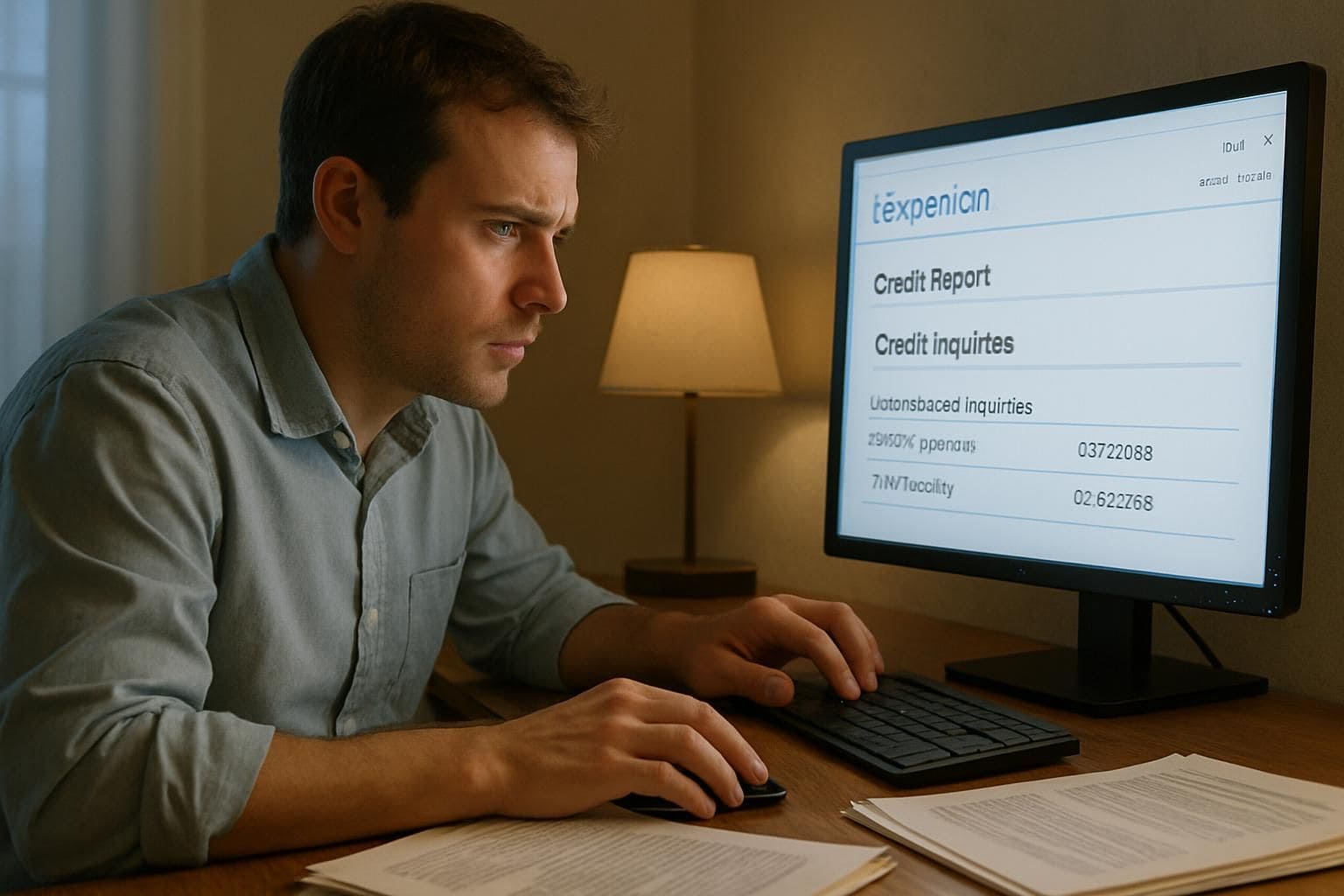 A man in his 30s sits at a wooden desk, focused on his computer screen displaying Experian’s credit report.