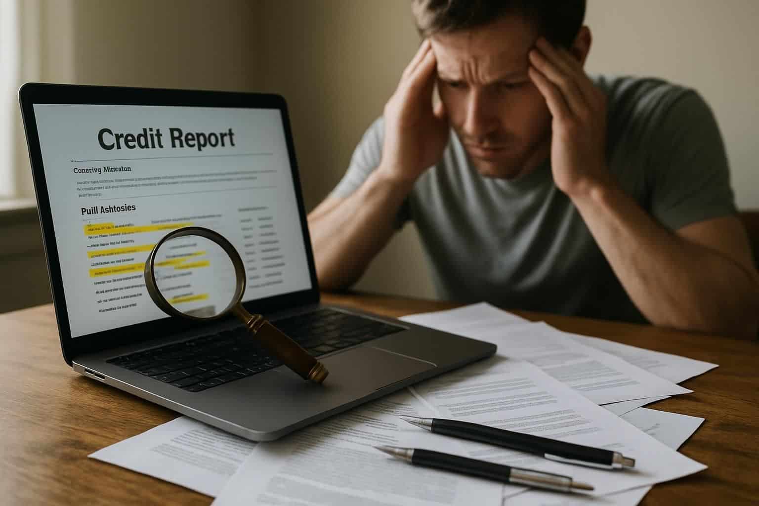 A cluttered desk with an open laptop displaying a detailed credit report and scattered papers.