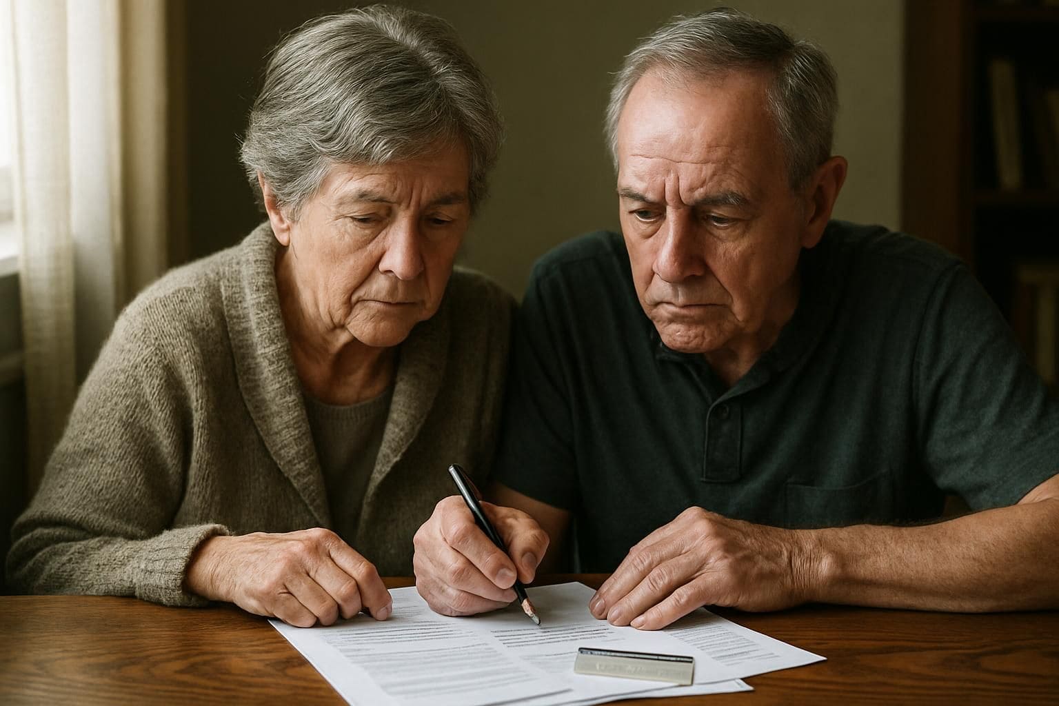 An elderly couple sits at a desk, looking stressed while filling out credit card applications.