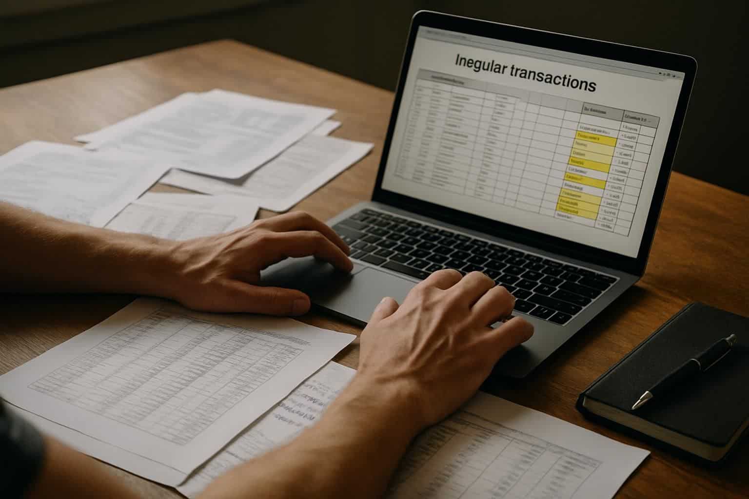 A cluttered desk with financial documents and a laptop screens spreadsheet with highlighted irregular transactions, accompanied by hands in motion and a worn notebook and pen.