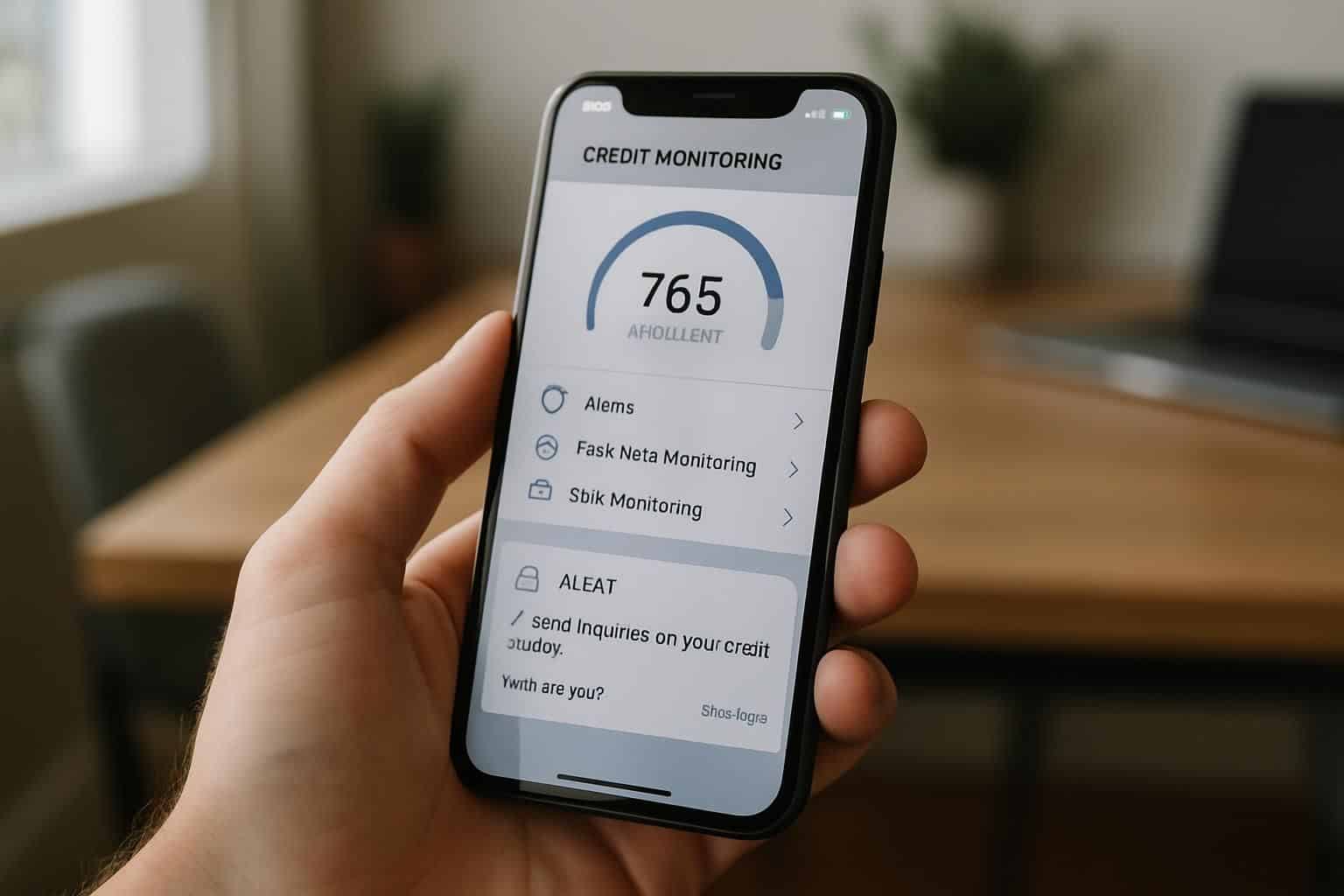 A person holding a smartphone displaying a credit monitoring app in a modern office setting.