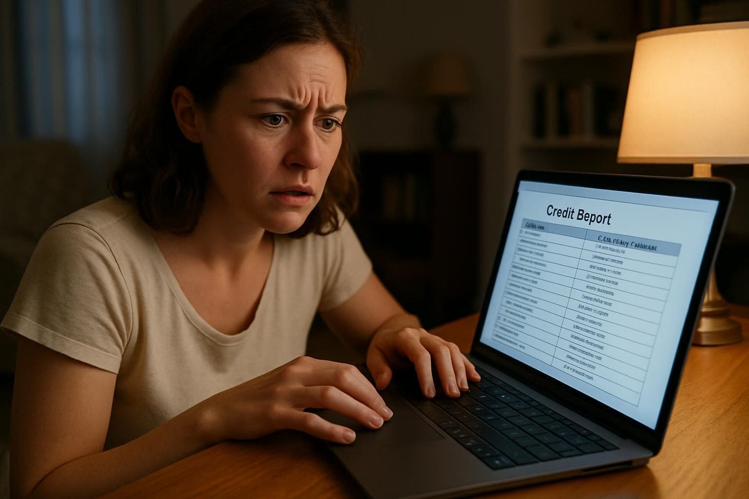 A woman examines a credit report with concern on her laptop at home.