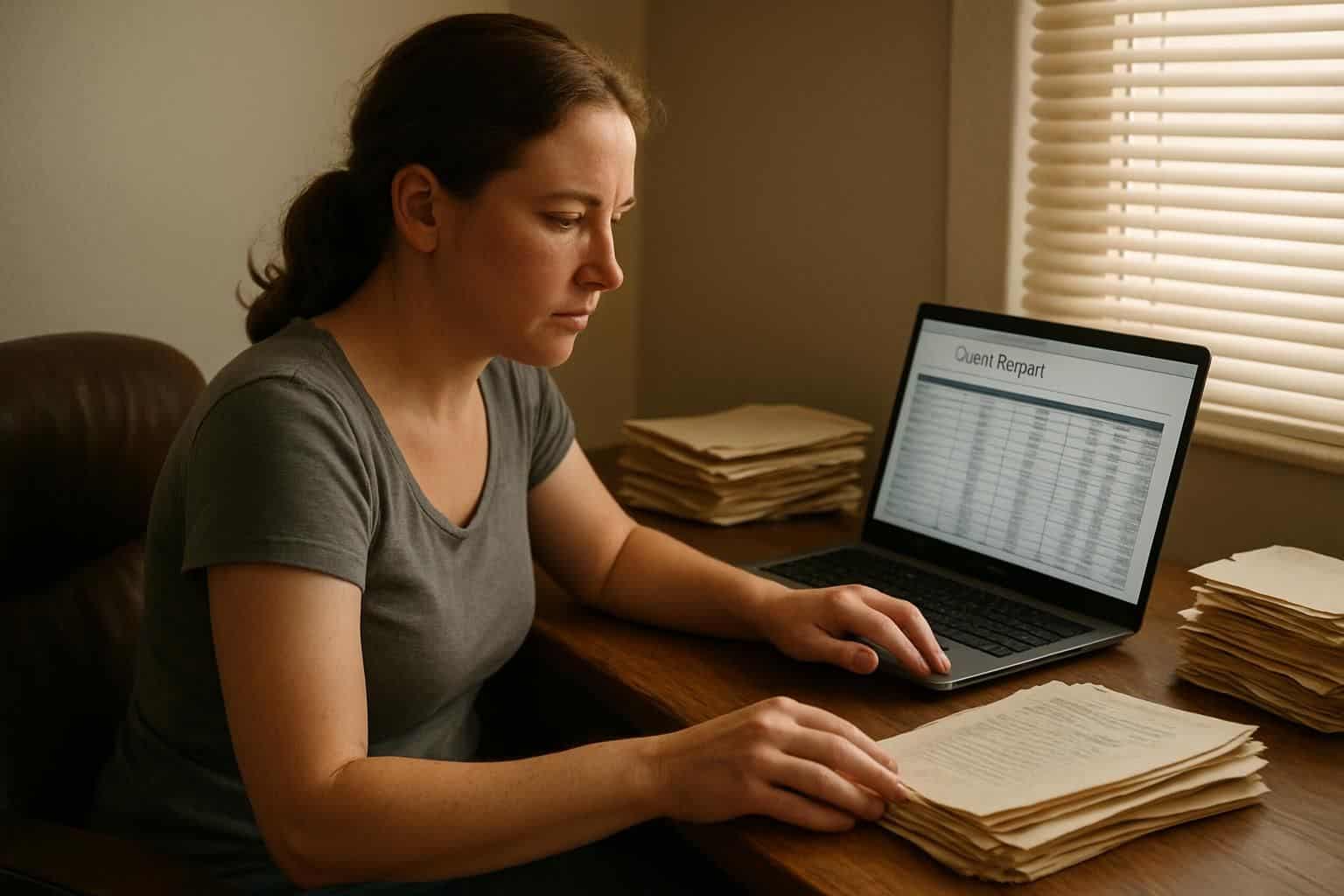 A focused woman is working at her desk with open laptop and scattered papers.