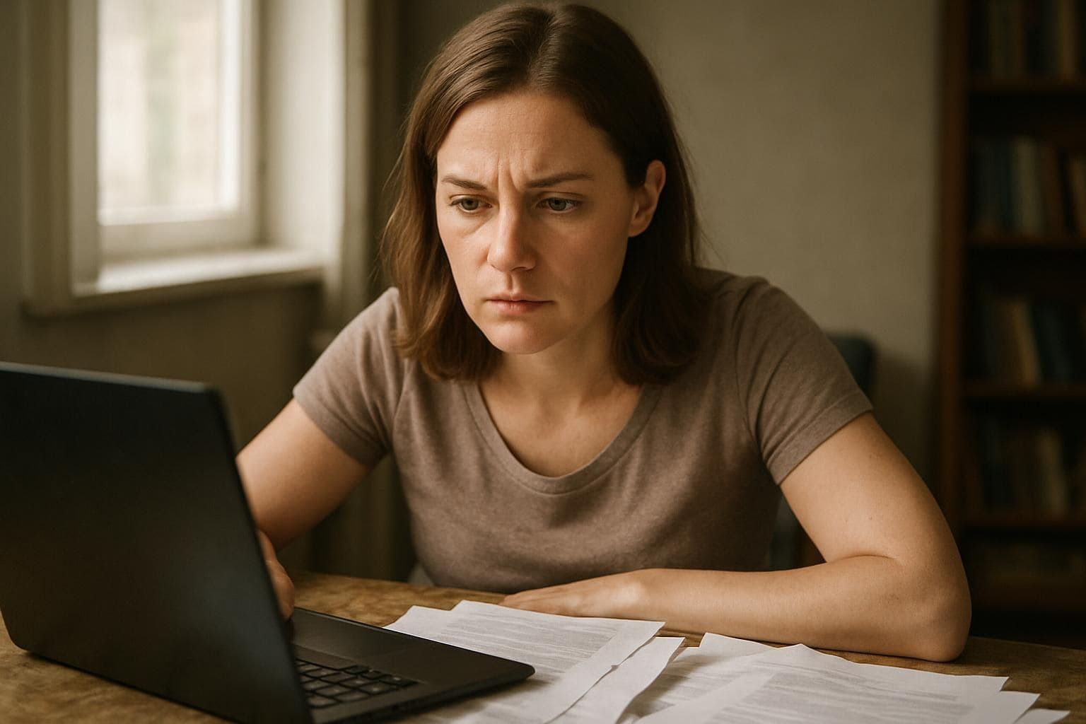 A woman in her 30s sits at a cluttered desk, focused on her laptop and surrounded by paperwork.