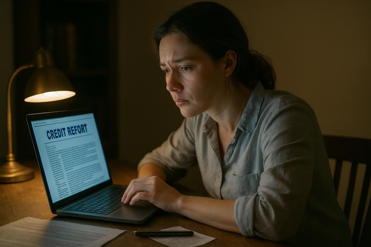 A woman in her 30s sits at a desk, reviewing her credit report on a laptop.