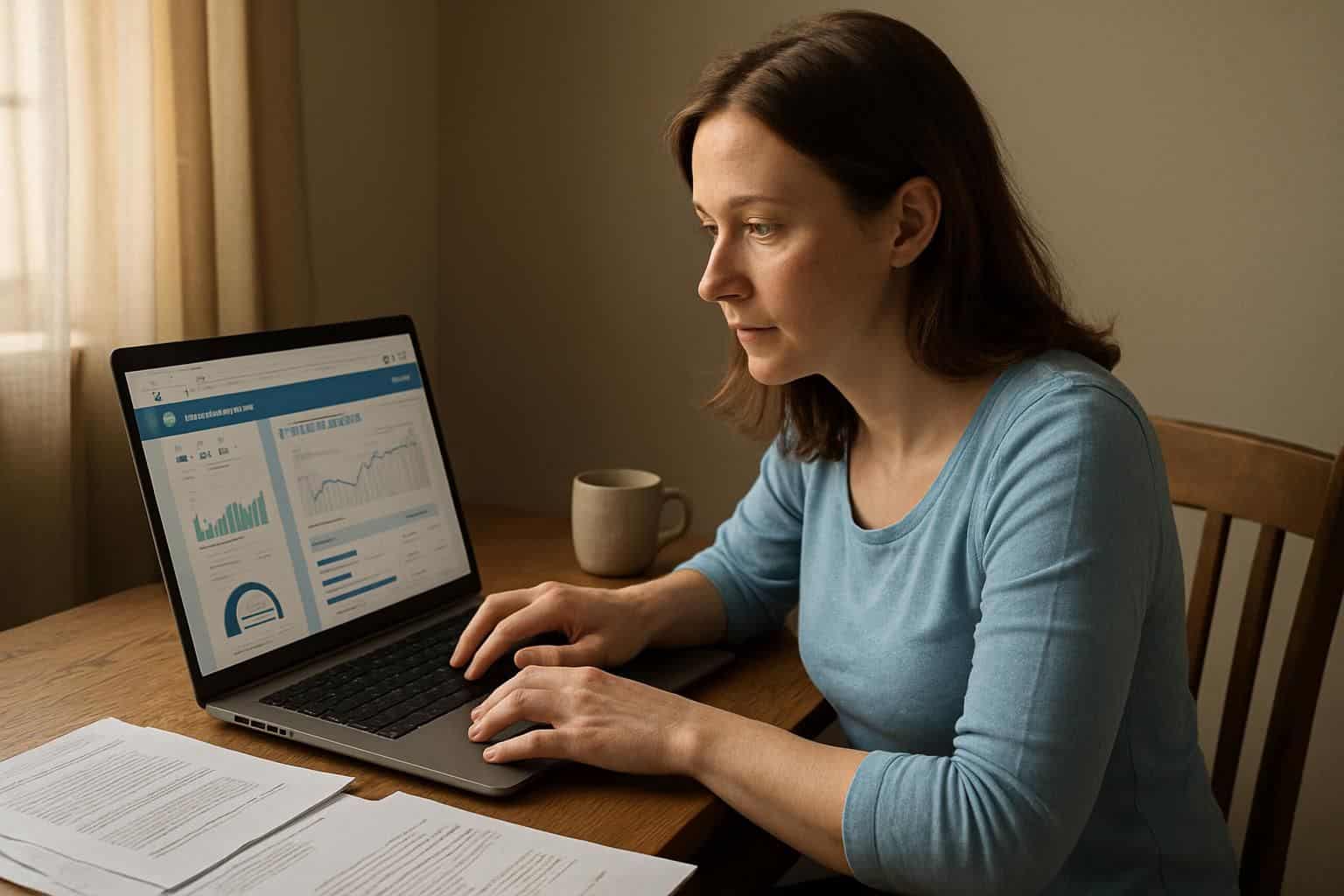 A woman in her mid-30s focuses on managing finances in a home office.