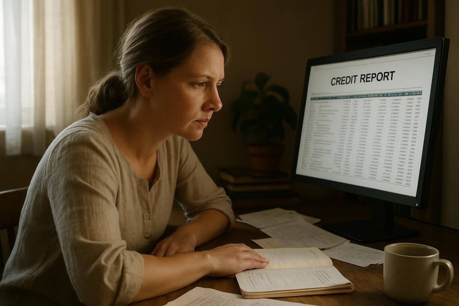 A woman in her mid-30s sits at a cluttered desk, focused on reviewing her credit report in a home office.