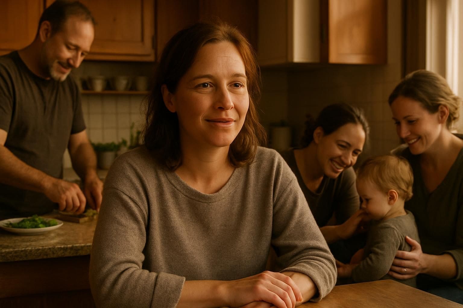 A woman sits at a kitchen table while family and friends prepare food together. A woman sits at a kitchen table while family and friends prepare food together.