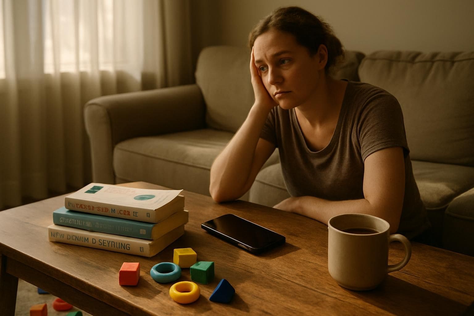 A cluttered living room with worn books, toys, and a tired mother. A cluttered living room with worn books, toys, and a tired mother.