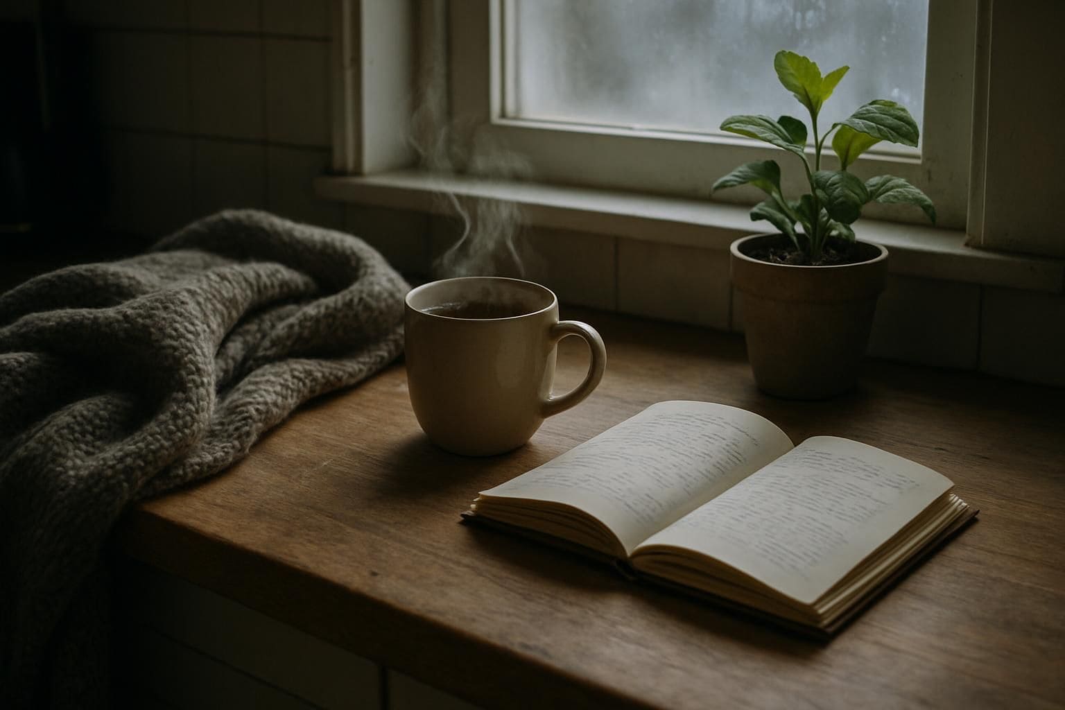 A cozy morning scene with a cup of coffee, journal, blanket, and potted plant on a kitchen counter. A cozy morning scene with a cup of coffee, journal, blanket, and potted plant on a kitchen counter.