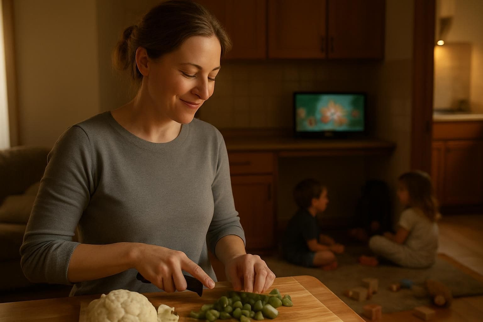 A mother prepares food in a cozy kitchen while her children enjoy a cartoon. A mother prepares food in a cozy kitchen while her children enjoy a cartoon.