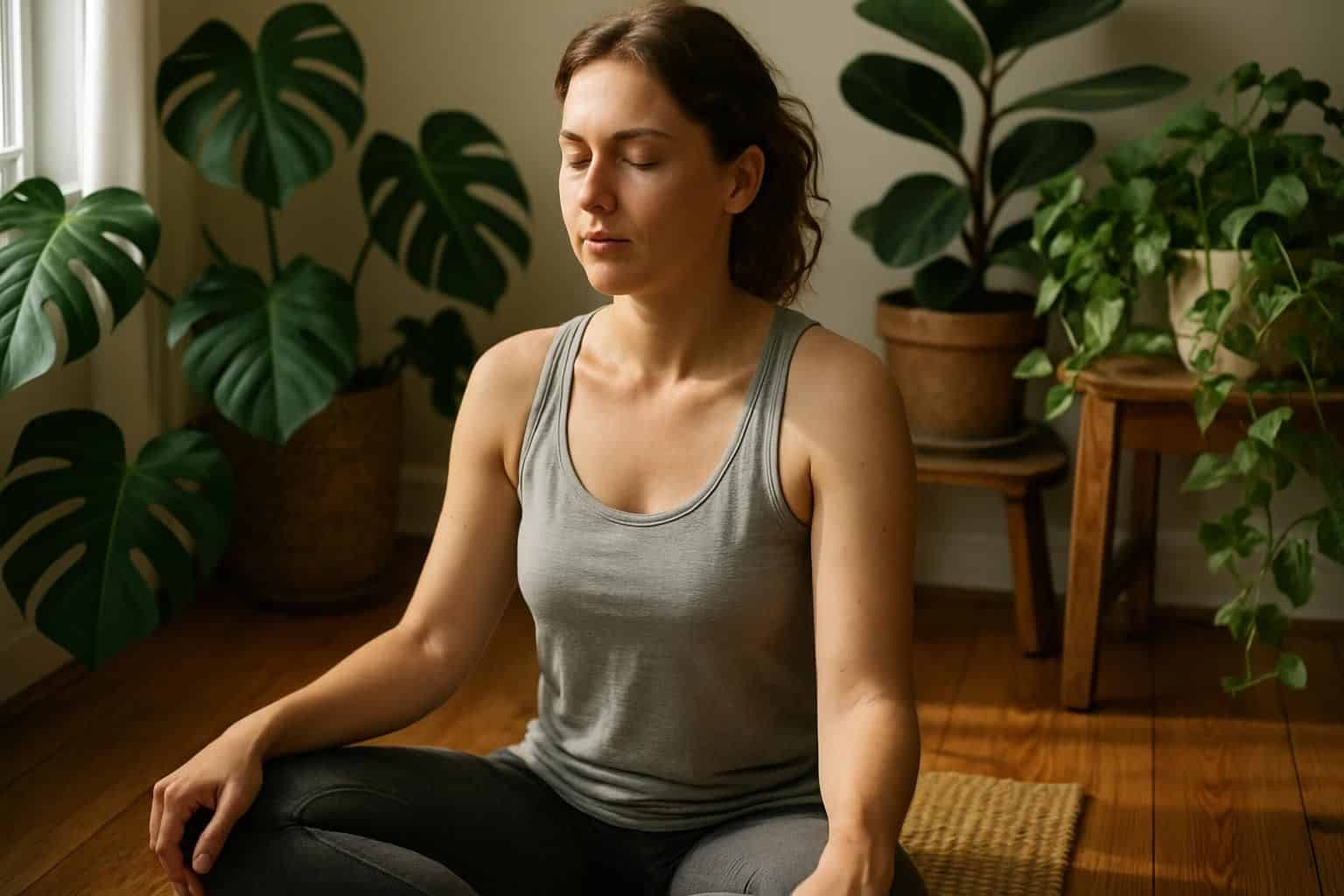 A woman in her 30s practices yoga in a sunlit living room surrounded by houseplants. A woman in her 30s practices yoga in a sunlit living room surrounded by houseplants.