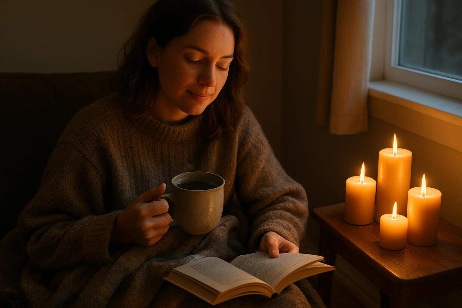 A woman sits in a warmly lit living room, wrapped in a cozy sweater, sipping tea and reading a book. A woman sits in a warmly lit living room, wrapped in a cozy sweater, sipping tea and reading a book.