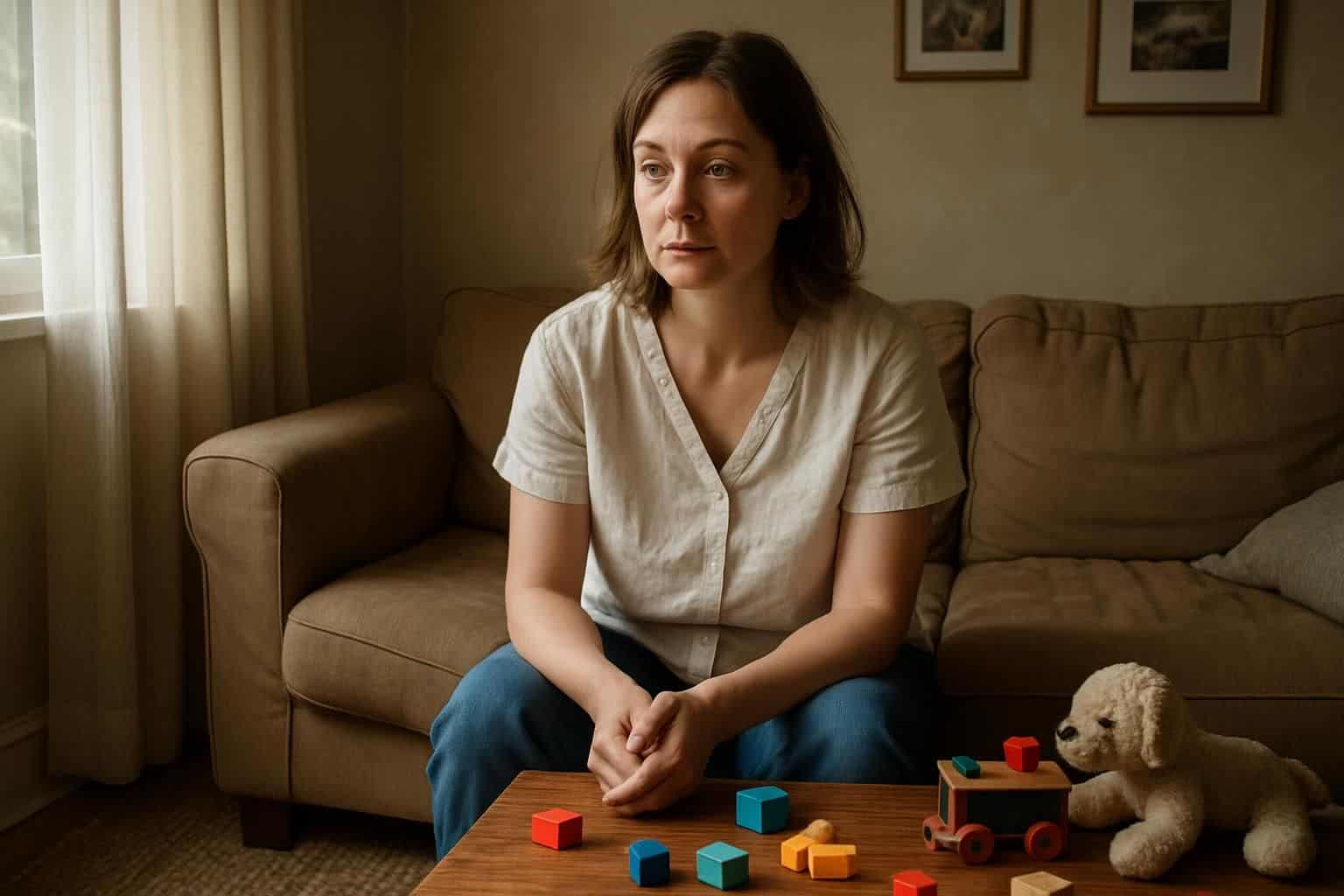 A tired woman sits on a cozy sofa surrounded by children's toys and family photos. A tired woman sits on a cozy sofa surrounded by children's toys and family photos.