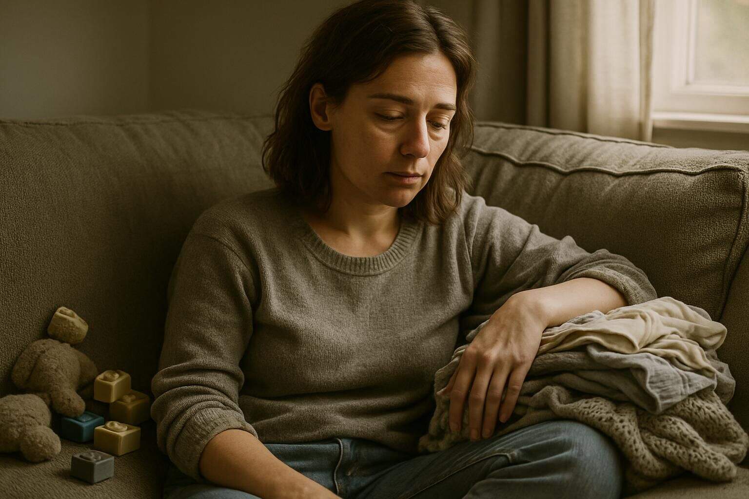 A tired mother rests on a couch surrounded by children's toys and laundry. A tired mother rests on a couch surrounded by children's toys and laundry.