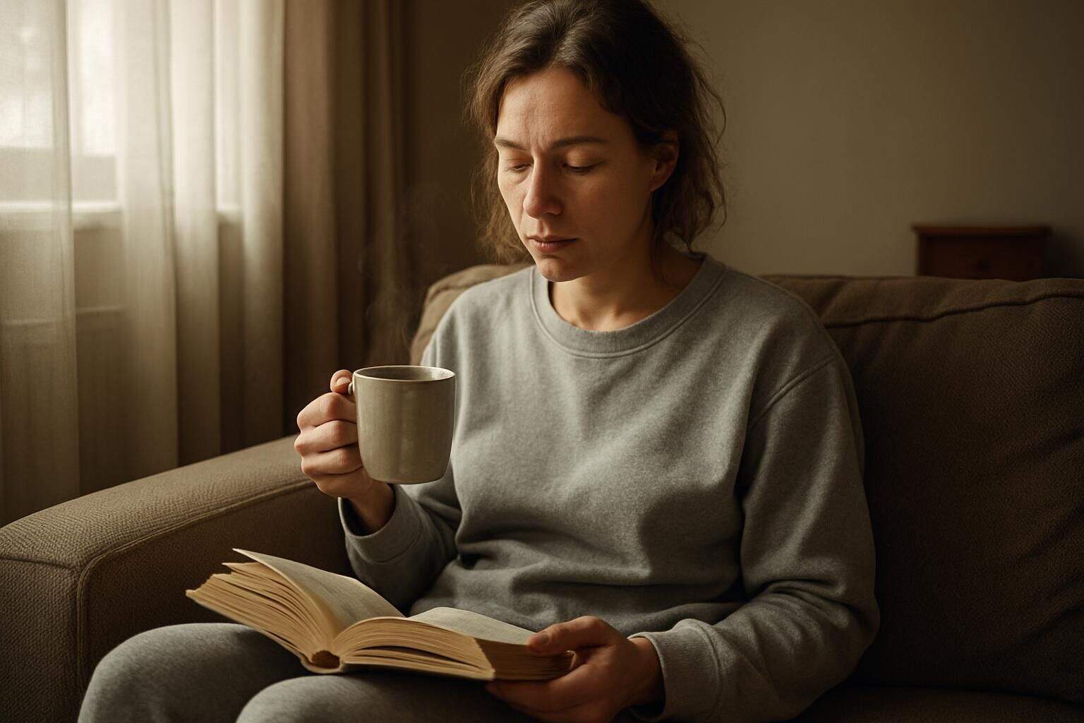 A serene woman in her thirties sits on a couch, enjoying coffee and reading a book in a cozy living room. A serene woman in her thirties sits on a couch, enjoying coffee and reading a book in a cozy living room.