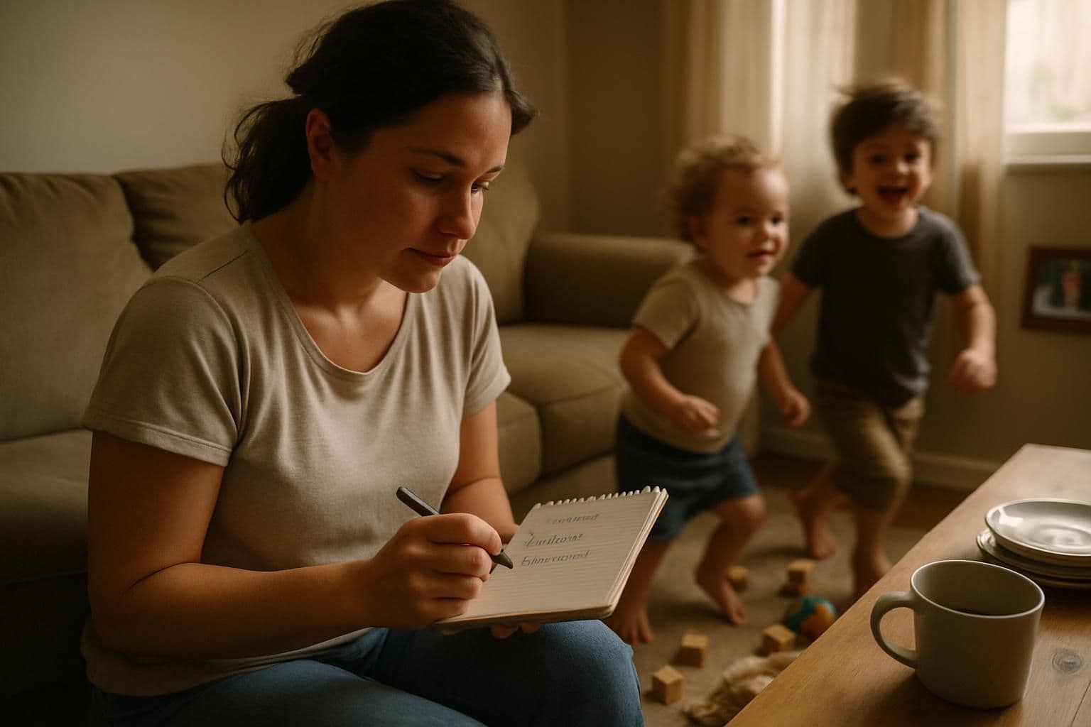 A mother sits on a worn couch with a journal, while her young children play in a cozy, lived-in living room. A mother sits on a worn couch with a journal, while her young children play in a cozy, lived-in living room.