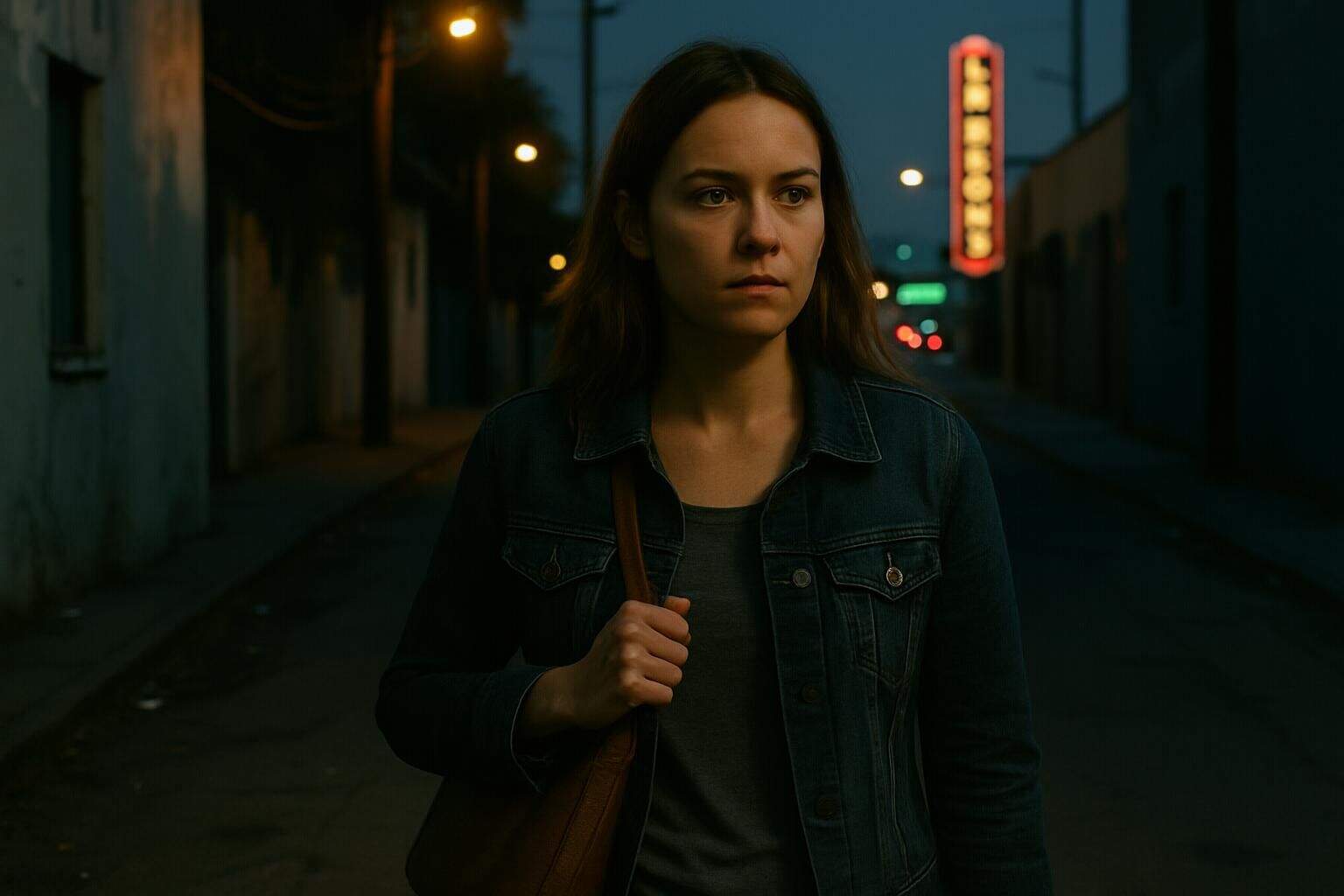 A young woman walks alone down a quiet, dimly lit side street in Las Vegas at twilight. A young woman walks alone down a quiet, dimly lit side street in Las Vegas at twilight.