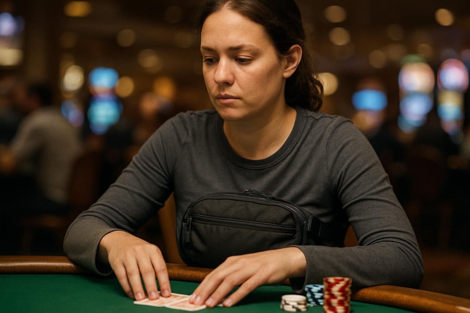 A woman in her 30s sits at a casino table, focused on the game. A woman in her 30s sits at a casino table, focused on the game.