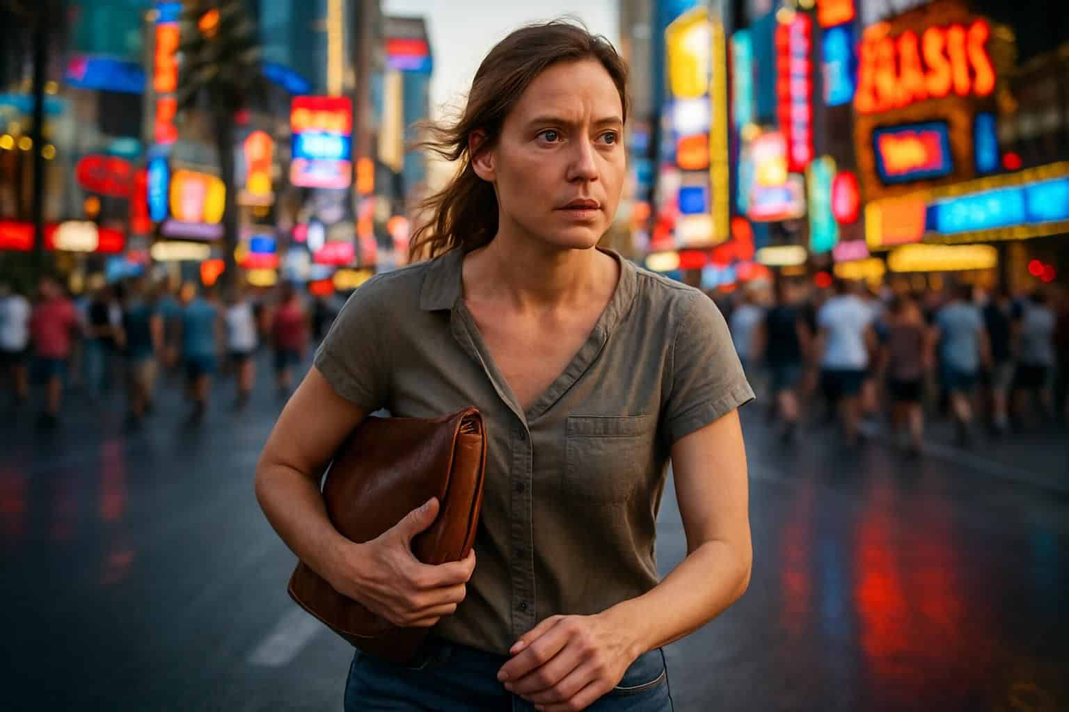 A woman in her 30s walks through a bustling Las Vegas street, clutching a worn leather purse. A woman in her 30s walks through a bustling Las Vegas street, clutching a worn leather purse.