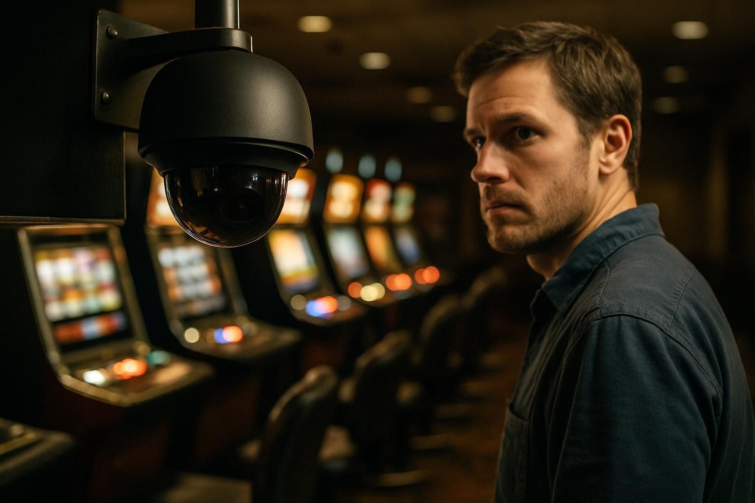 A surveillance camera monitors a row of slot machines in a dimly lit casino. A surveillance camera monitors a row of slot machines in a dimly lit casino.