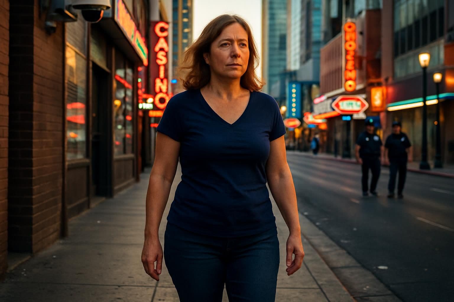 A woman walks confidently on a busy Las Vegas street, surrounded by urban details. A woman walks confidently on a busy Las Vegas street, surrounded by urban details.