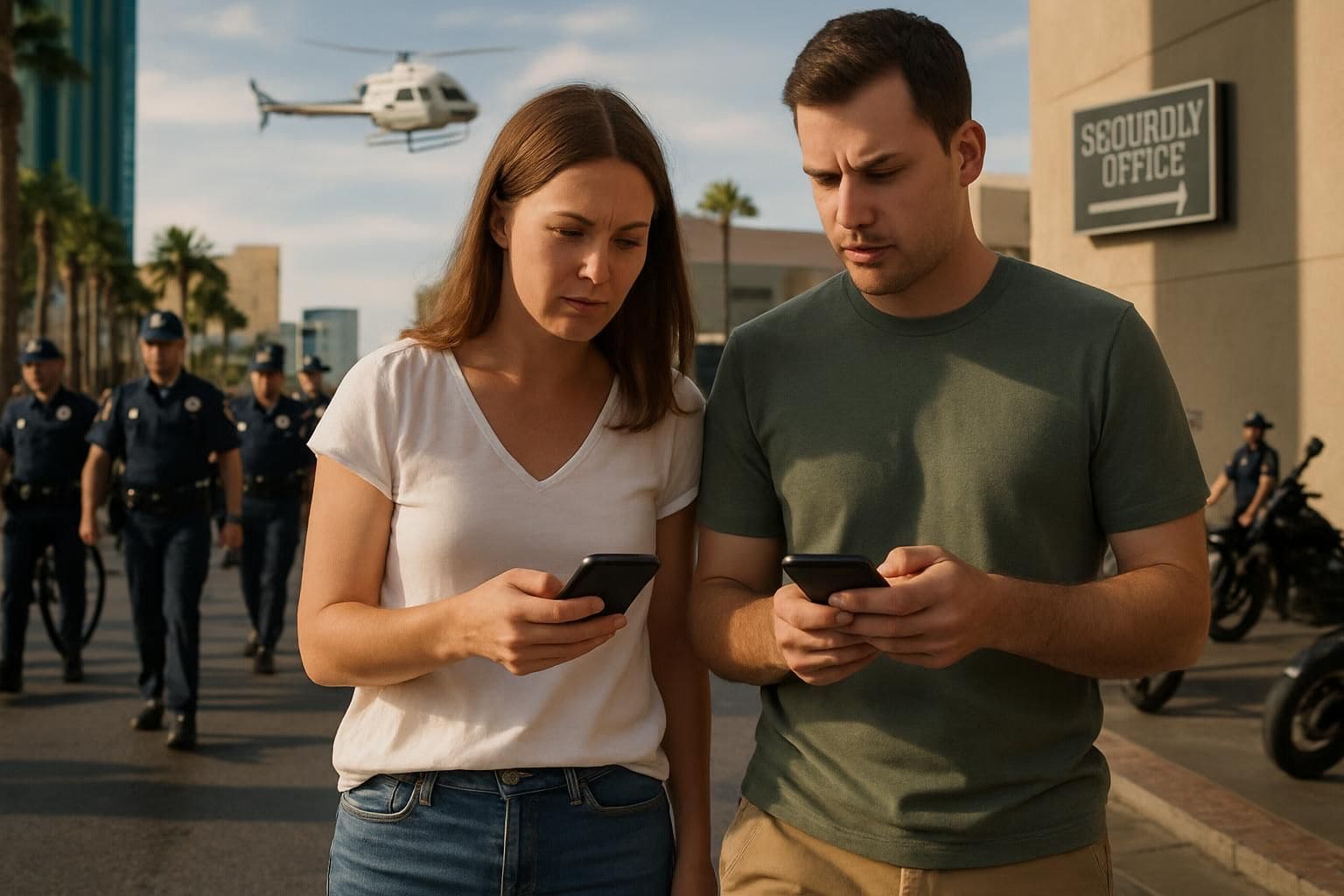 A man and woman walk through a busy street, exchanging concerned looks while glancing at their smartphones. A man and woman walk through a busy street, exchanging concerned looks while glancing at their smartphones.