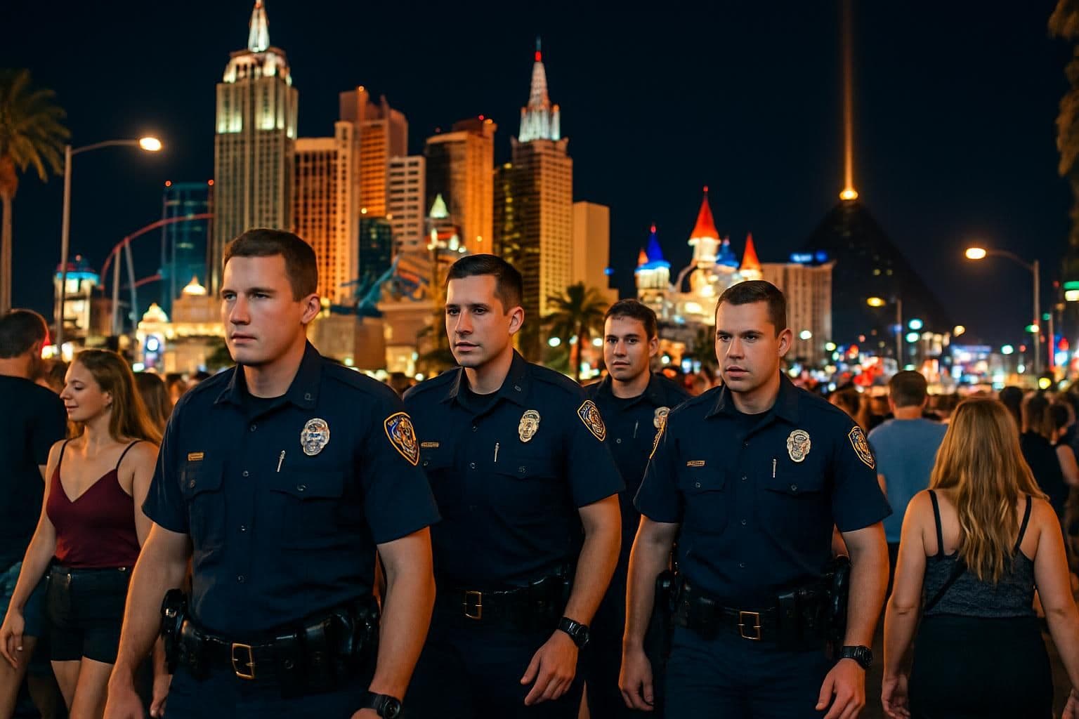 Police officers walk through a crowded, brightly lit section of the Las Vegas Strip at night. Police officers walk through a crowded, brightly lit section of the Las Vegas Strip at night.