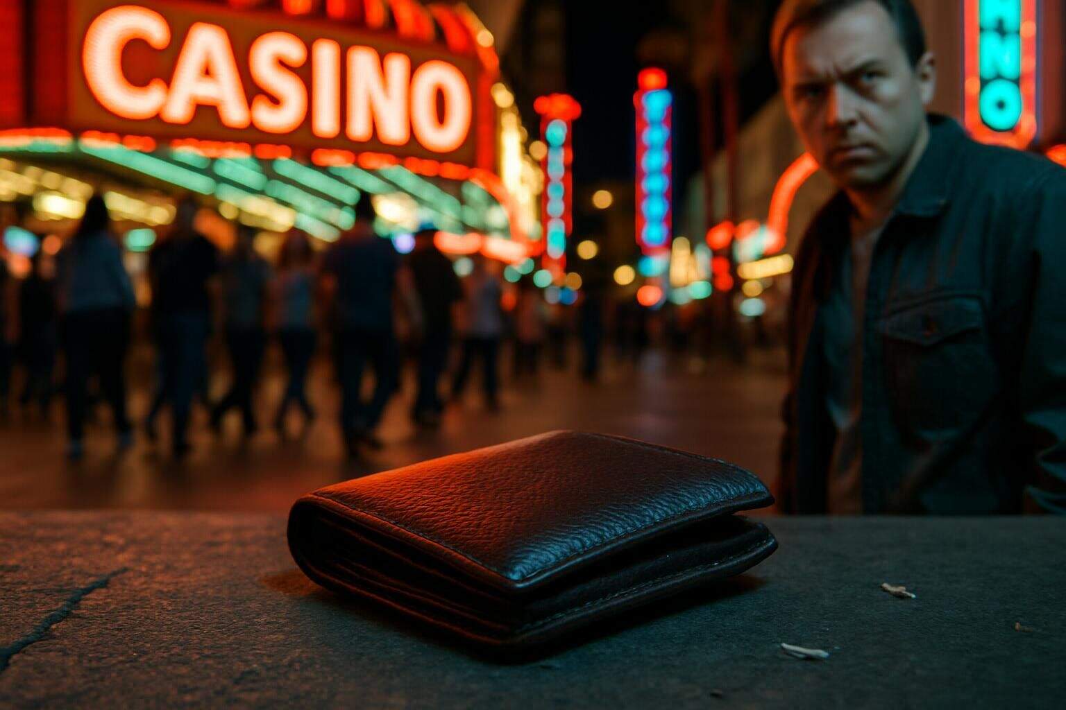 A leather wallet left unattended on a busy Las Vegas sidewalk at night, with a wary pedestrian in the background. A leather wallet left unattended on a busy Las Vegas sidewalk at night, with a wary pedestrian in the background.