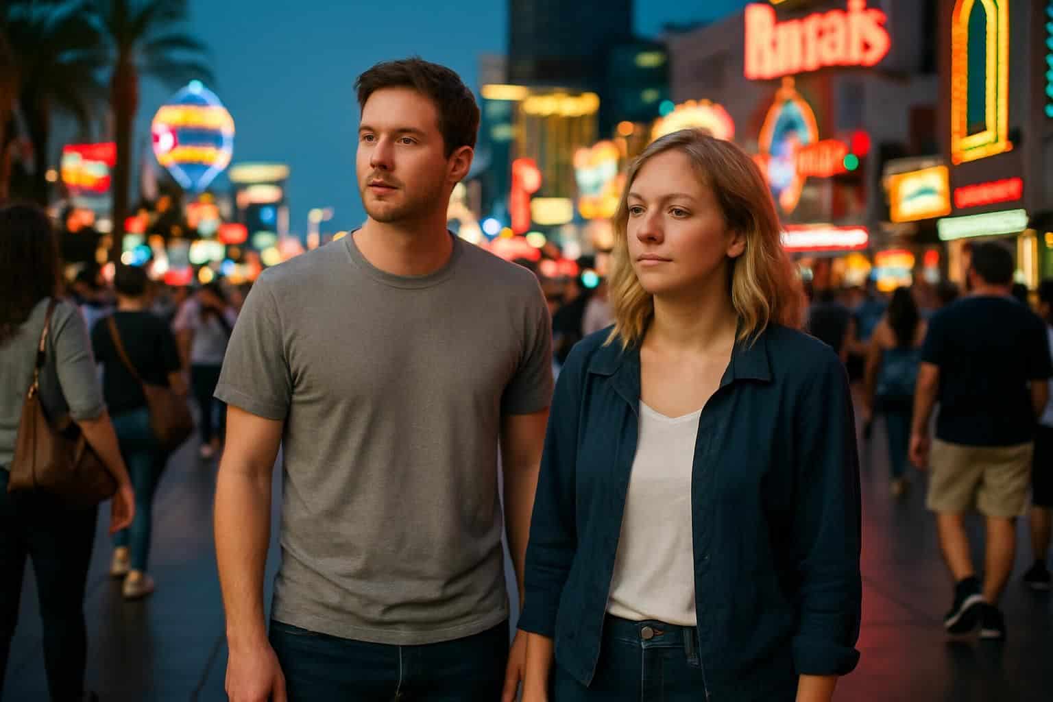 A couple in their early 30s stands on a bustling Las Vegas sidewalk at dusk. A couple in their early 30s stands on a bustling Las Vegas sidewalk at dusk.