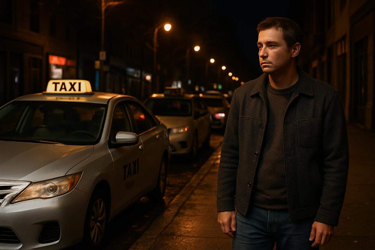 The image depicts a quiet, empty city street at night with taxis and rideshare vehicles lining the curb. The image depicts a quiet, empty city street at night with taxis and rideshare vehicles lining the curb.