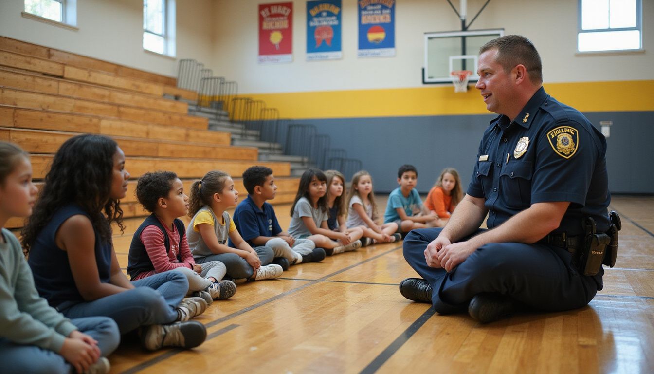A police officer engages with attentive children in a brightly lit elementary school gym. A police officer engages with attentive children in a brightly lit elementary school gym.