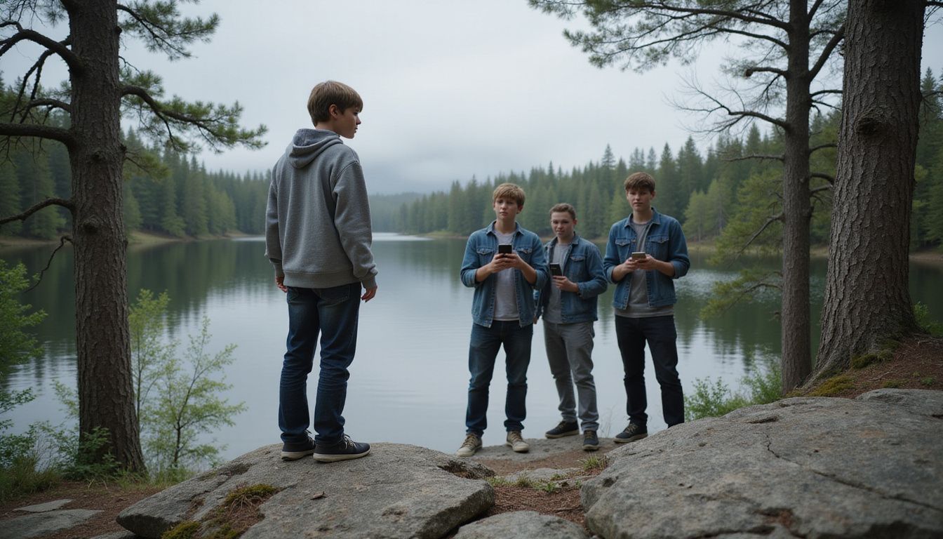 A teenage boy and his friends enjoy a candid moment by a tranquil lake. A teenage boy and his friends enjoy a candid moment by a tranquil lake.